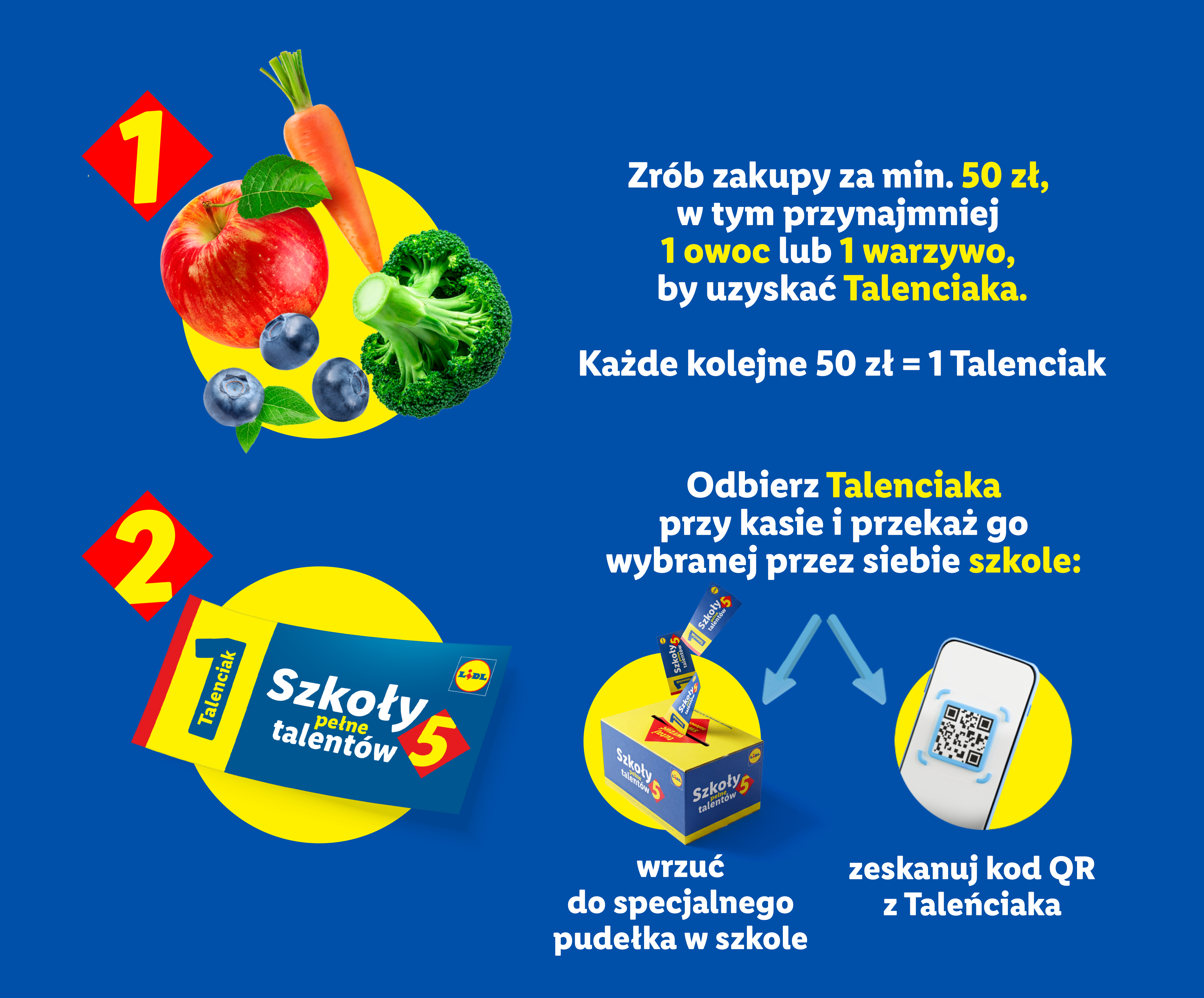 Mechanizm: zrób zakupy za min. 50zł, w tym przynajmniej 1 owoc/warzywo by uzyskać 1 talenciaka. Odbierz talenciaka przy kasie i przekaż wybranej szkole.