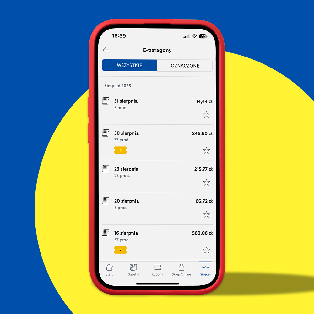 Aplikacja mobilna wyświetlająca listę e-paragonów z datami, liczbą produktów i kwotami.