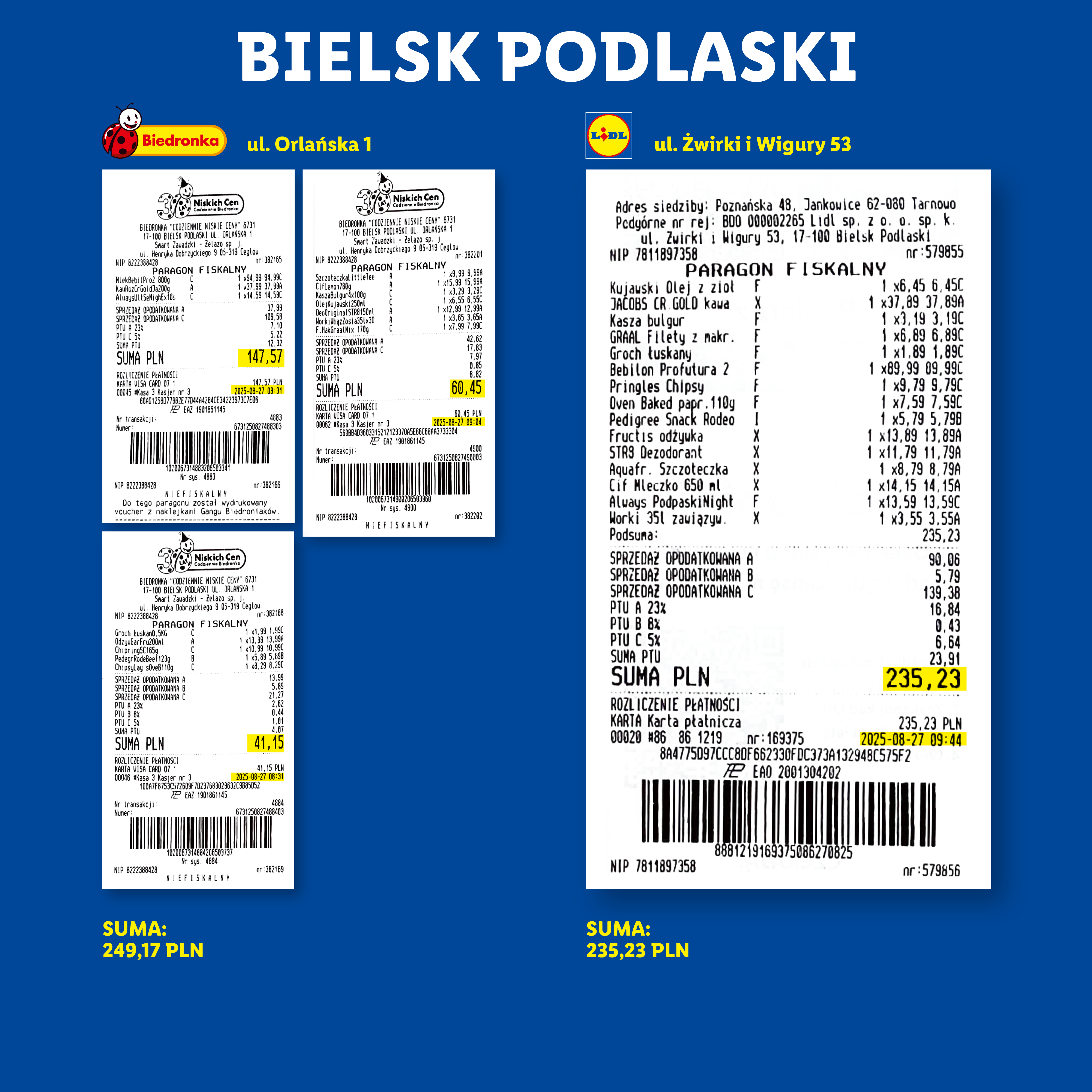 Paragony fiskalne z Biedronki i Lidla, przedstawiające zakupy spożywcze i chemiczne.