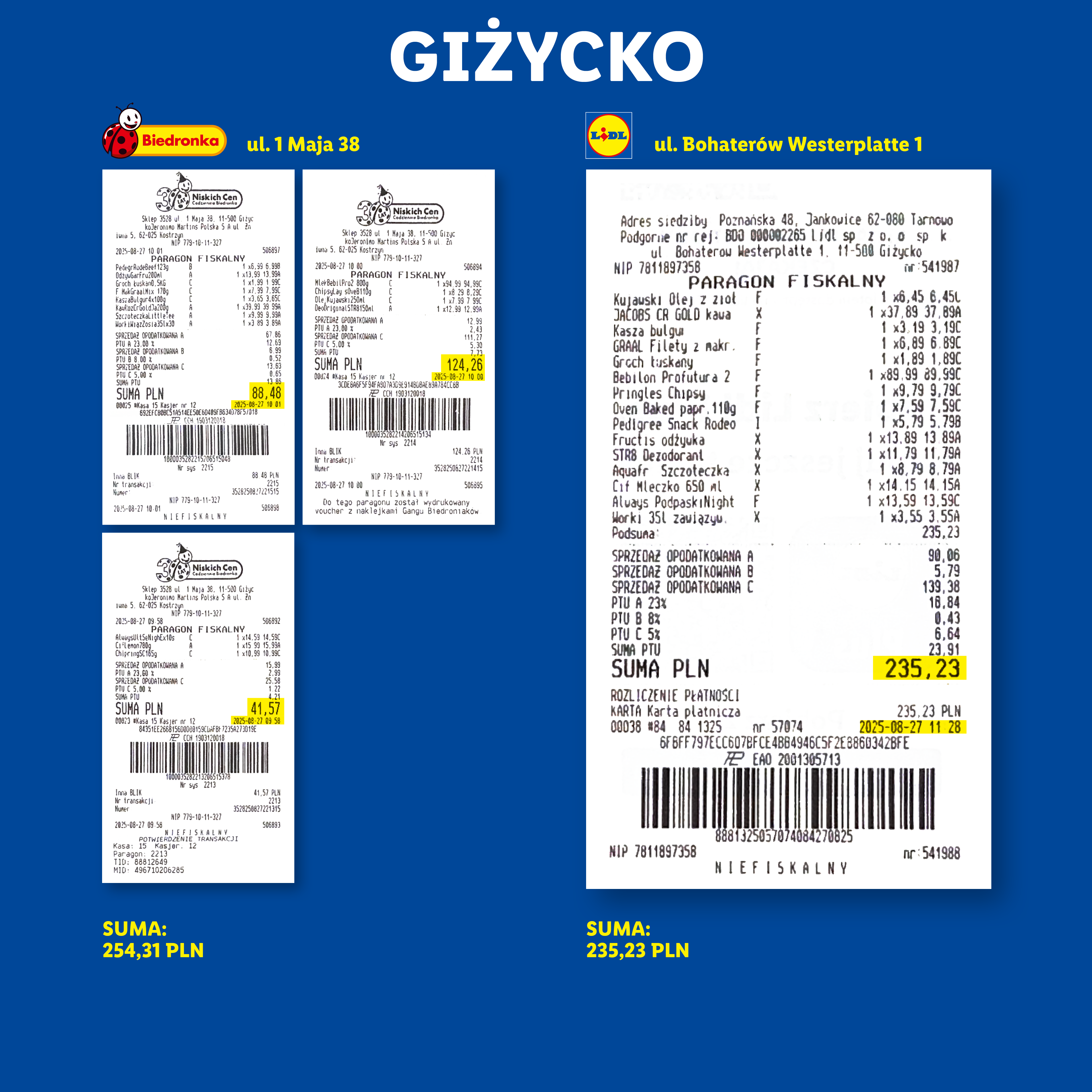 Paragony z Biedronki i Lidla z zakupami spożywczymi i artykułami gospodarstwa domowego.