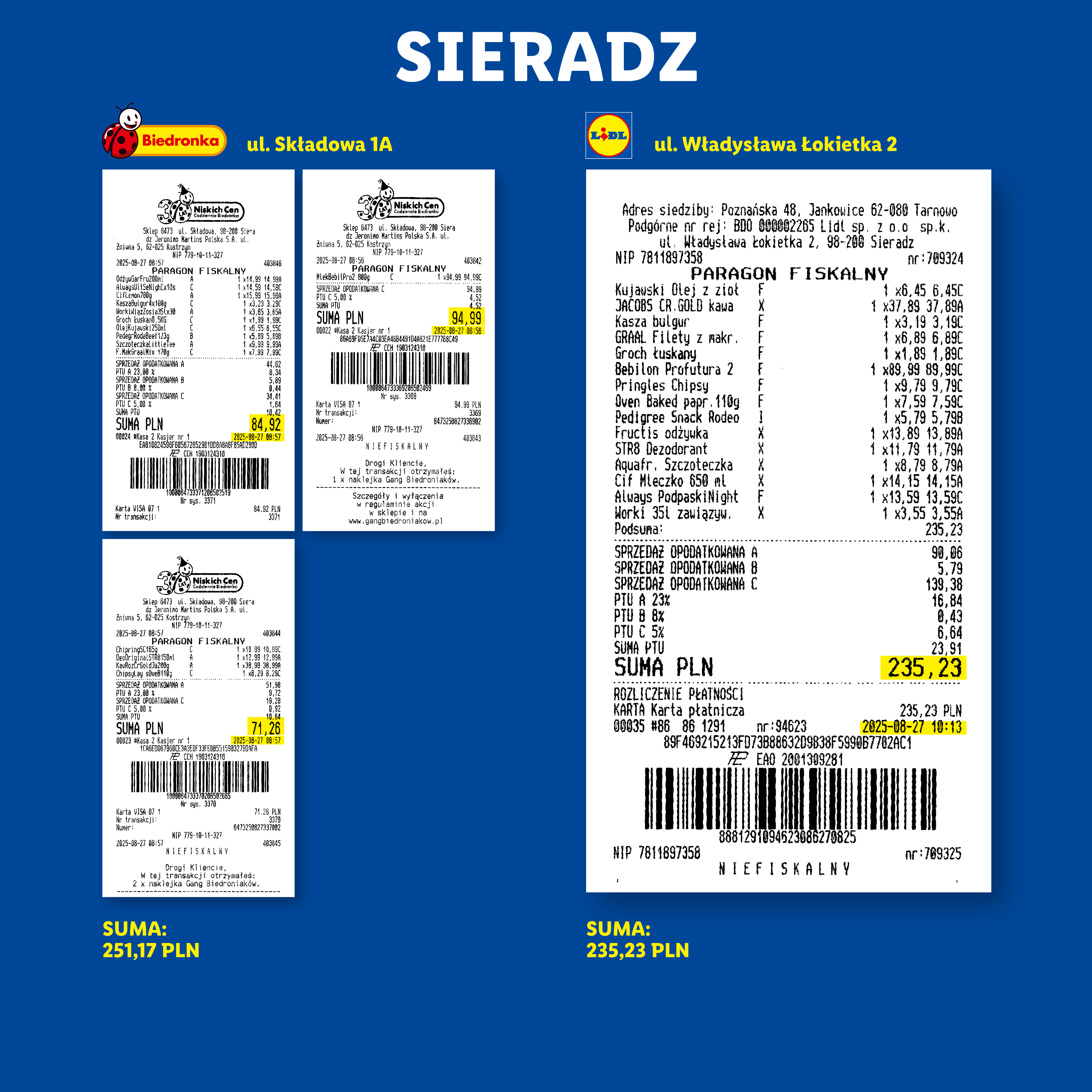 Paragony z Biedronki i Lidla, przedstawiające zakupy spożywcze i artykuły gospodarstwa domowego.