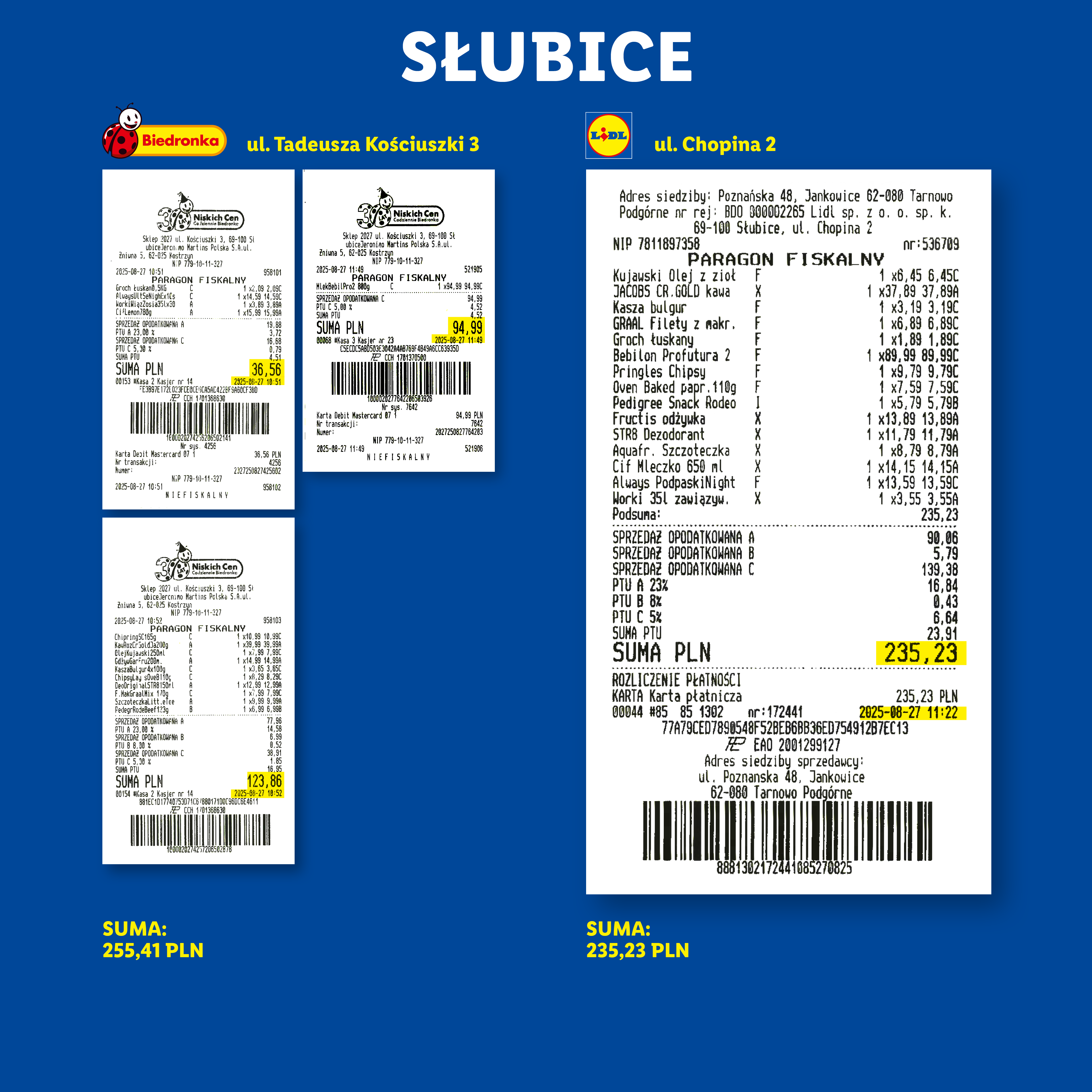 Paragony z Biedronki i Lidla, przedstawiające zakupy spożywcze i chemiczne.