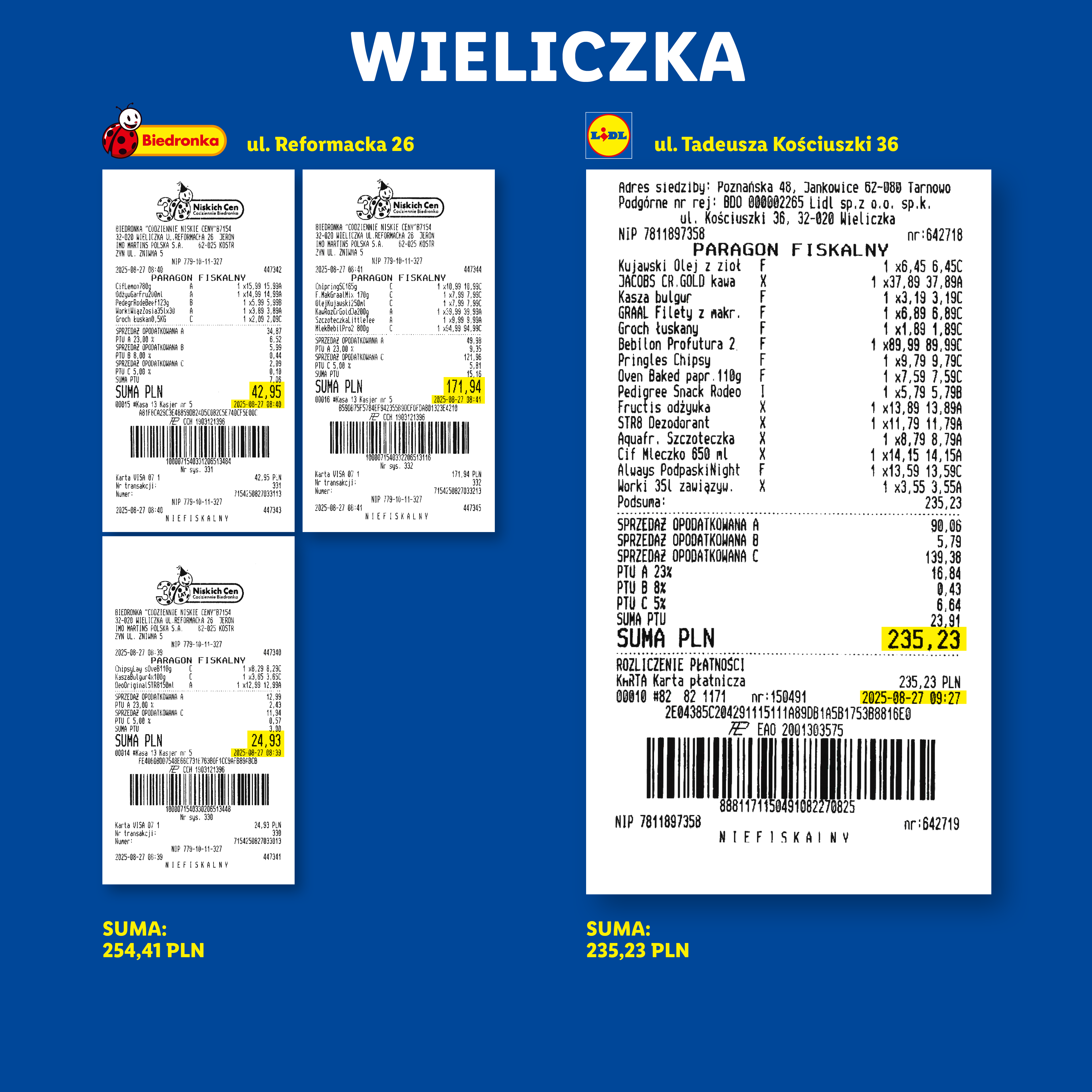 Paragony fiskalne z Biedronki i Lidla, przedstawiające zakupy spożywcze i artykuły gospodarstwa domowego.