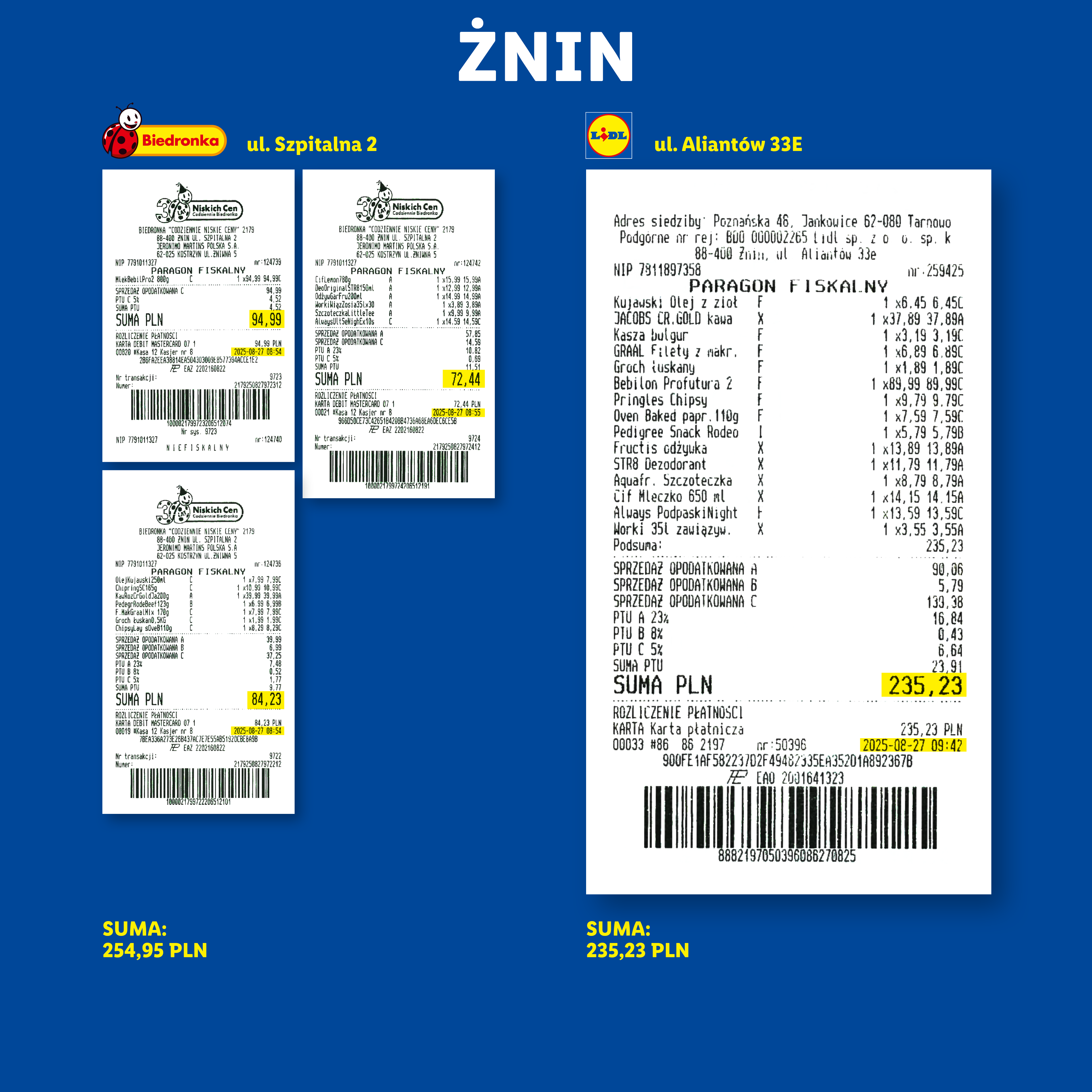 Trzy paragony fiskalne z Biedronki i jeden z Lidla, przedstawiające różne produkty spożywcze i chemiczne.