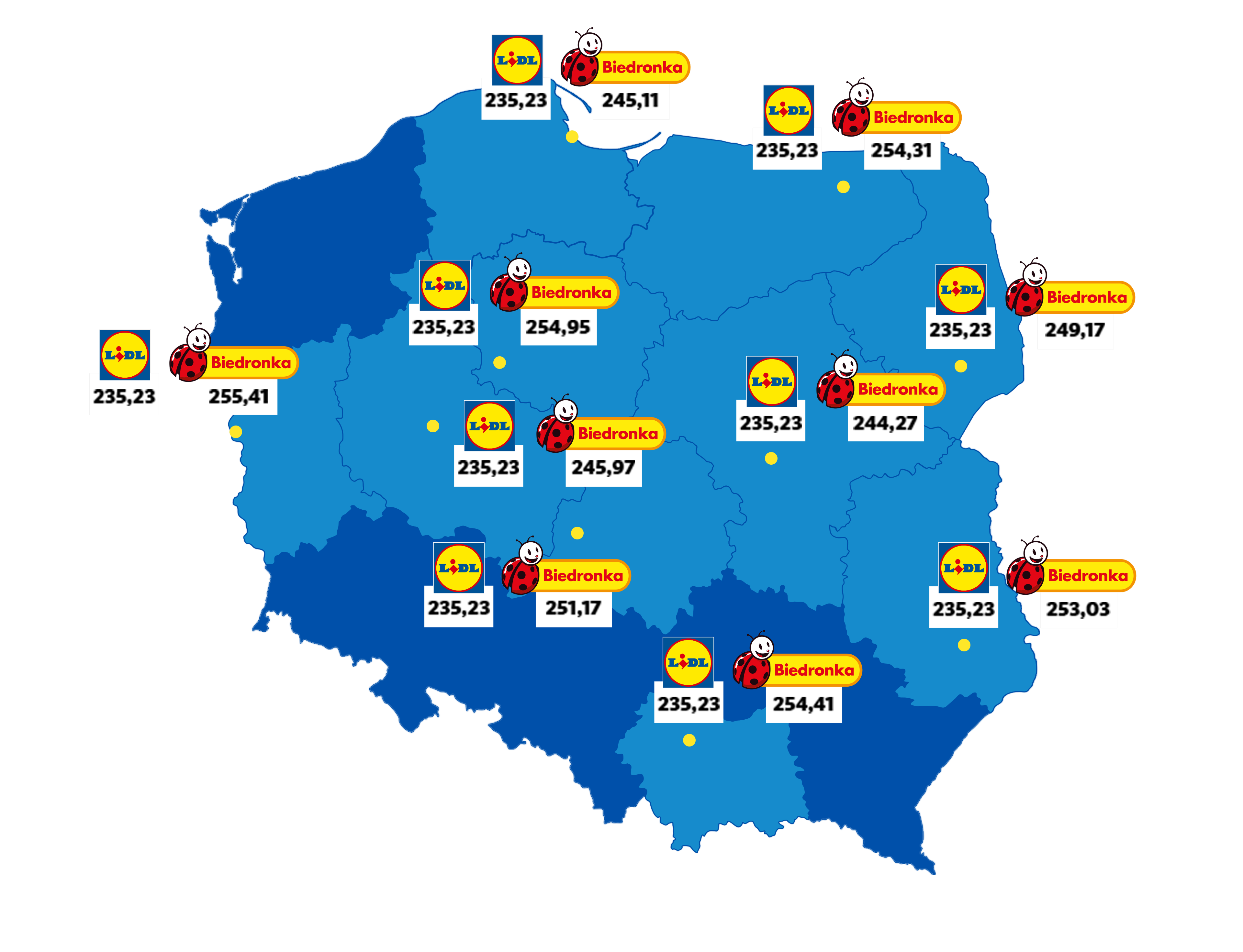 Mapa Polish porównująca ceny w sklepach Lidl i Biedronka w różnych regionach.