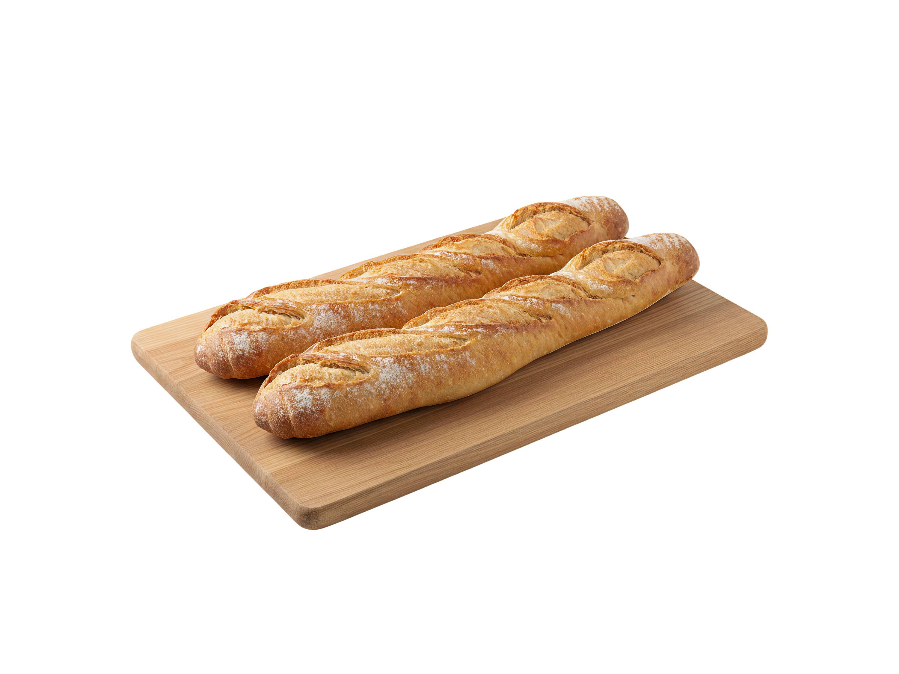 Dwie świeże bagietki na drewnianej desce do krojenia.