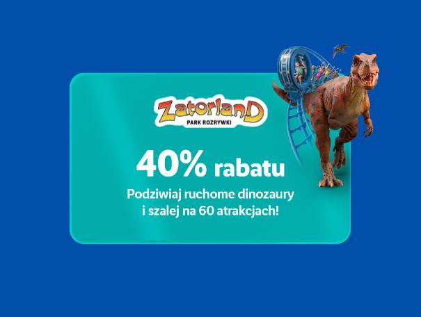 Reklama parku rozrywki z dinozaurem i kolejką górską, oferująca 40% zniżki na ruchome dinozaury i 60 atrakcji.