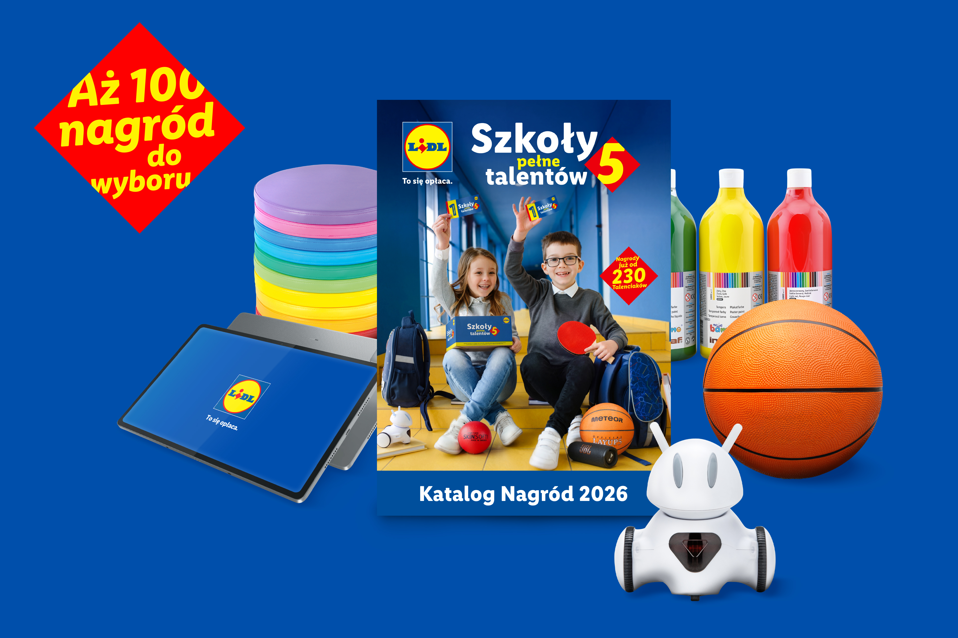 Katalog nagród 2026 dla szkół, z dziećmi, farbami, piłkami i robotem.