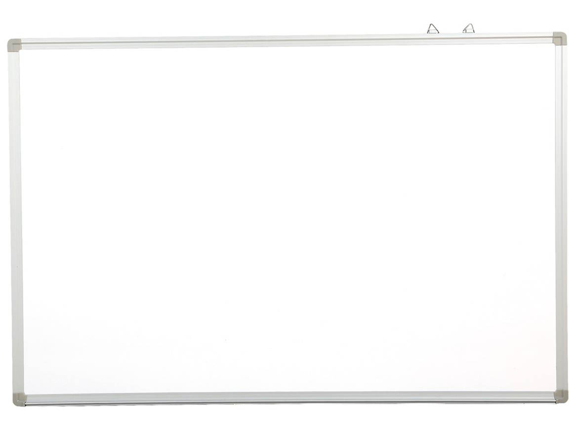 Biała tablica suchościeralna z metalową ramą i haczykami do zawieszania.