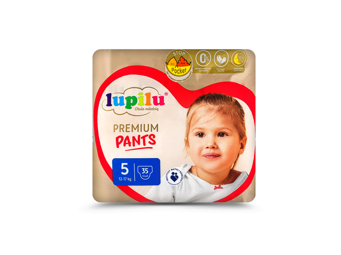 Opakowanie pieluchomajtek dla dzieci w rozmiarze 5 (12-17 kg), 35 sztuk, z napisem Premium Pants.