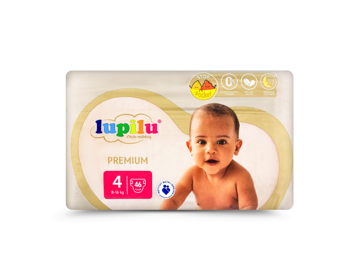 Opakowanie pieluszek premium dla dzieci, rozmiar 4 (8-16 kg), 46 sztuk, z wizerunkiem uśmiechniętego dziecka.