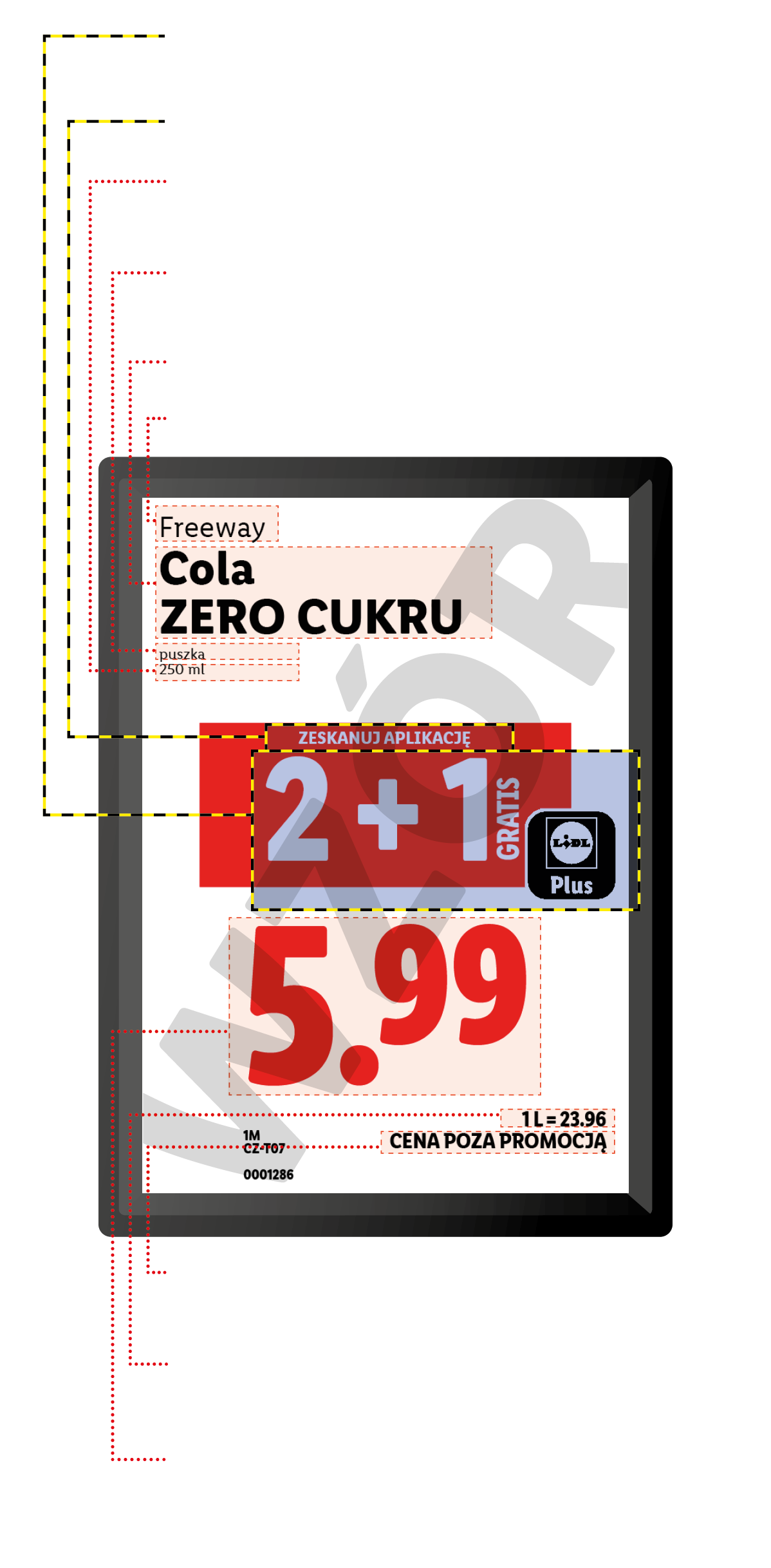 Etykieta cenowa z napojem typu cola zero, promocją 2+1 gratis i ceną 5,99.