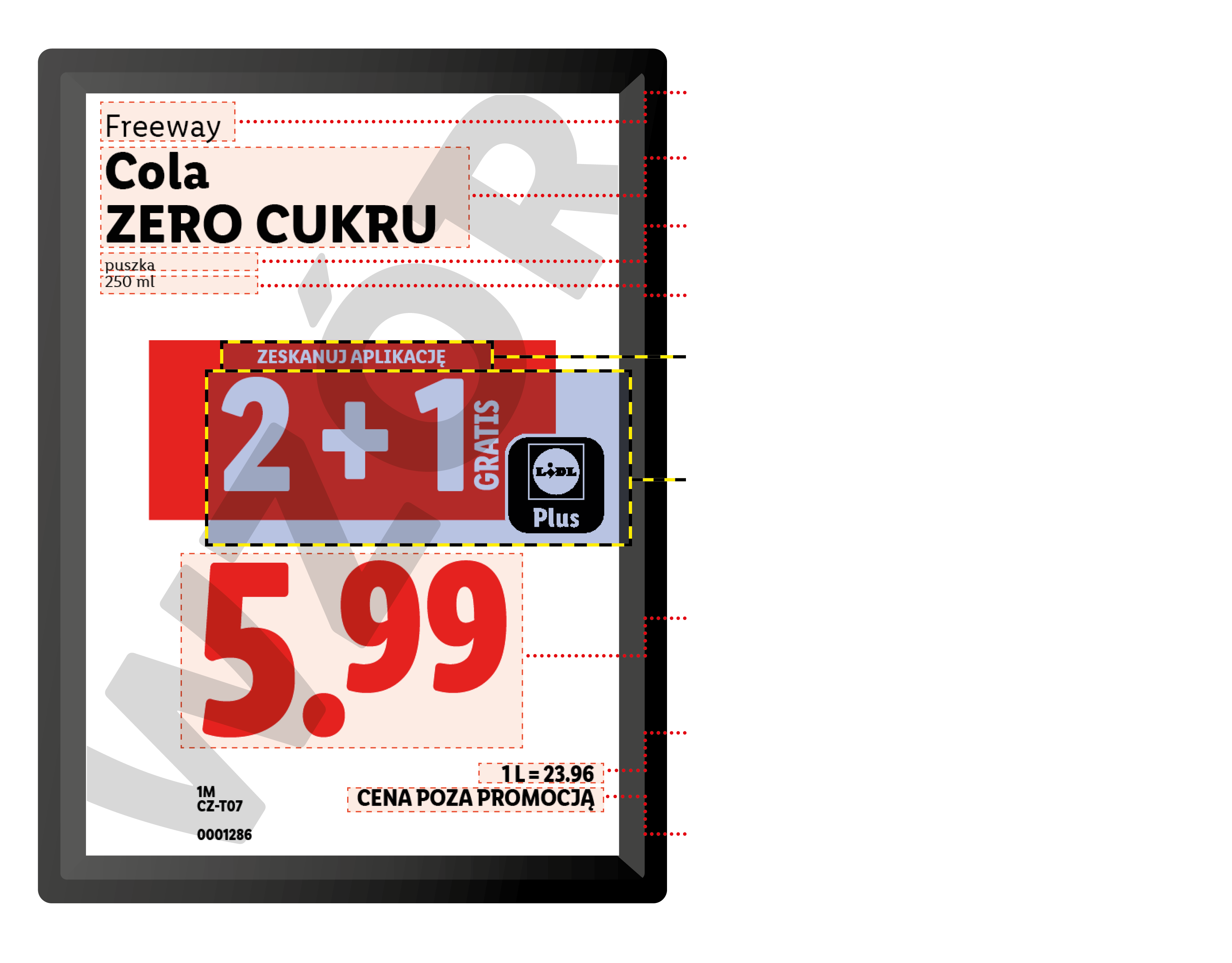 Etykieta cenowa z napojem typu cola zero, promocją 2+1 gratis i ceną 5,99.