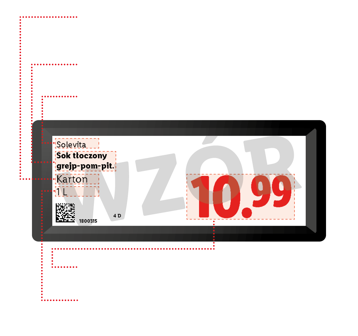 Etykieta cenowa z sokiem tłoczonym grejpfrutowo-pomarańczowym, 1 litr, w cenie 10,99.