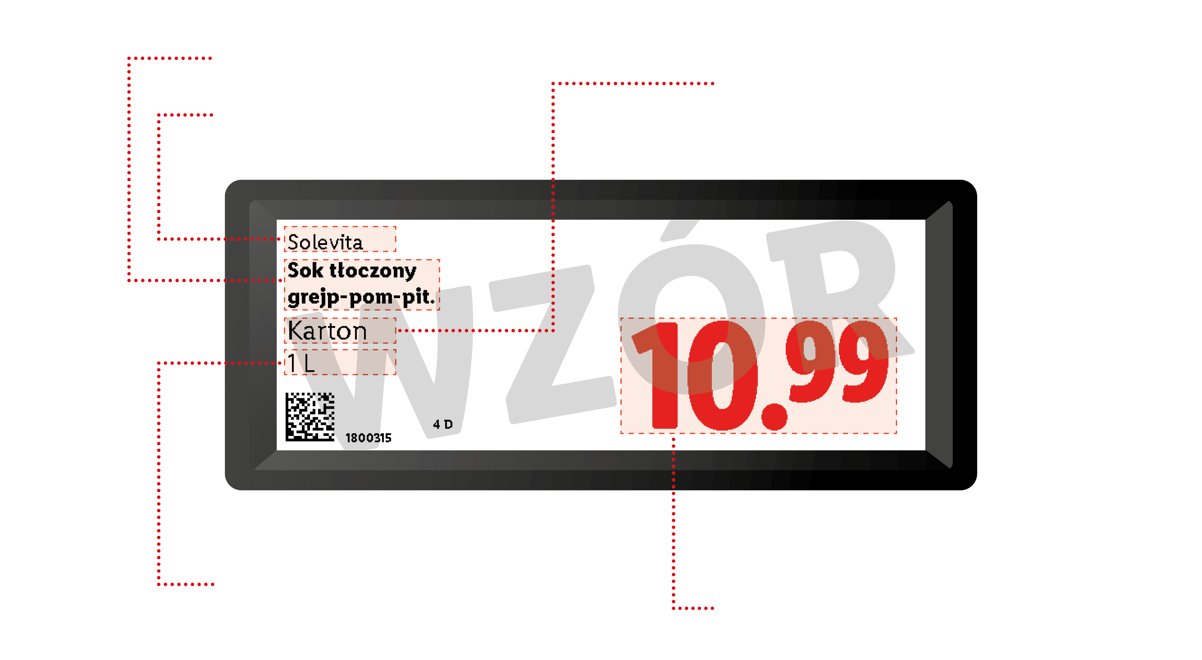 Etykieta cenowa z sokiem tłoczonym grejpfrutowo-pomarańczowym, 1 litr, w cenie 10,99.