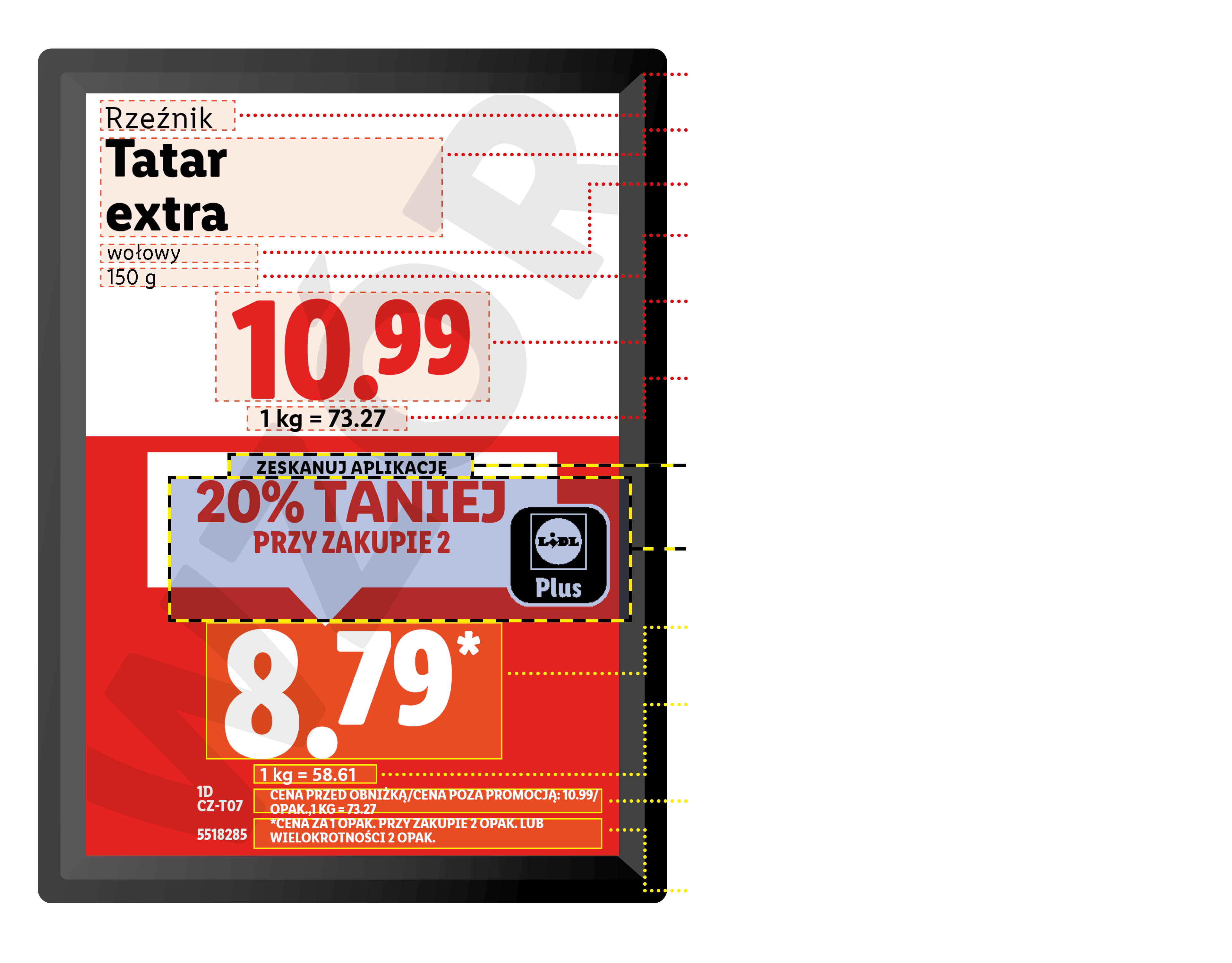 Etykieta cenowa z wołowiną Tatar extra, ceną regularną 10,99 i promocyjną 8,79 z aplikacją.