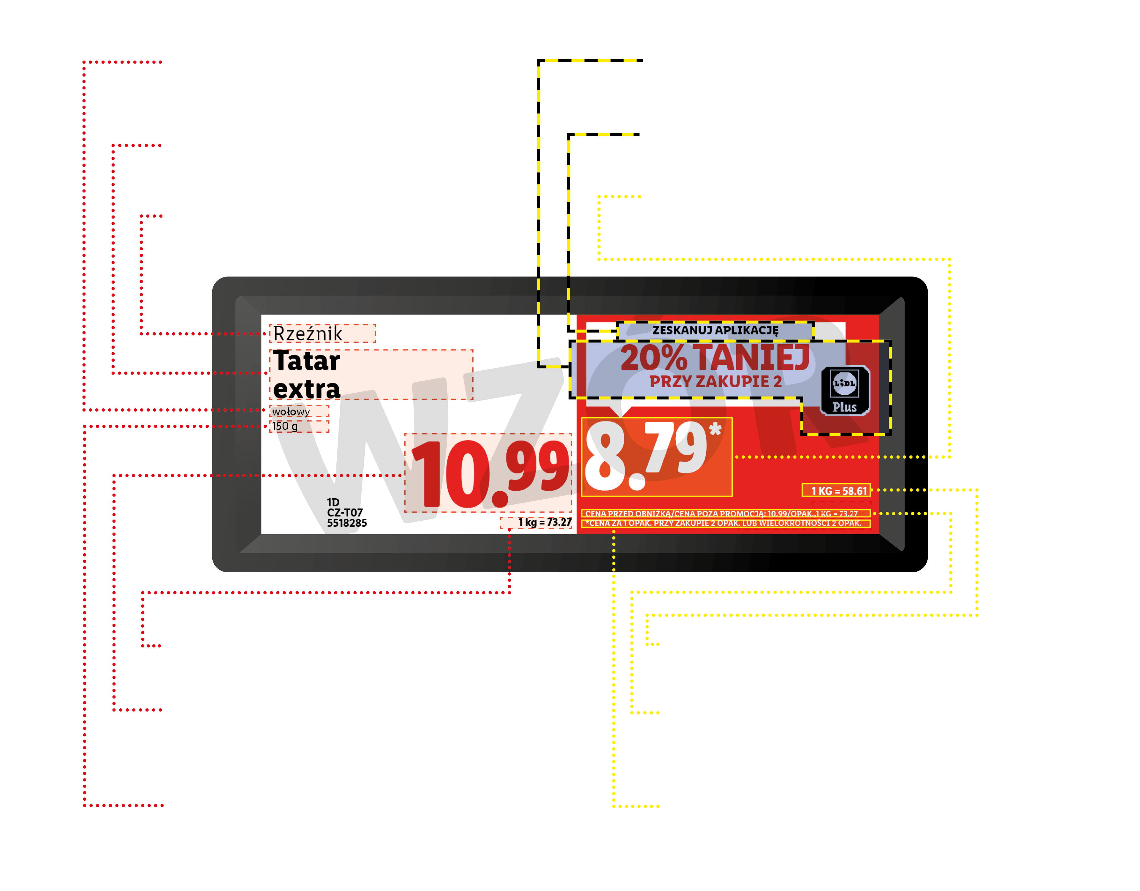Etykieta cenowa tatara wołowego z promocją 20% taniej przy zakupie dwóch opakowań z aplikacją.