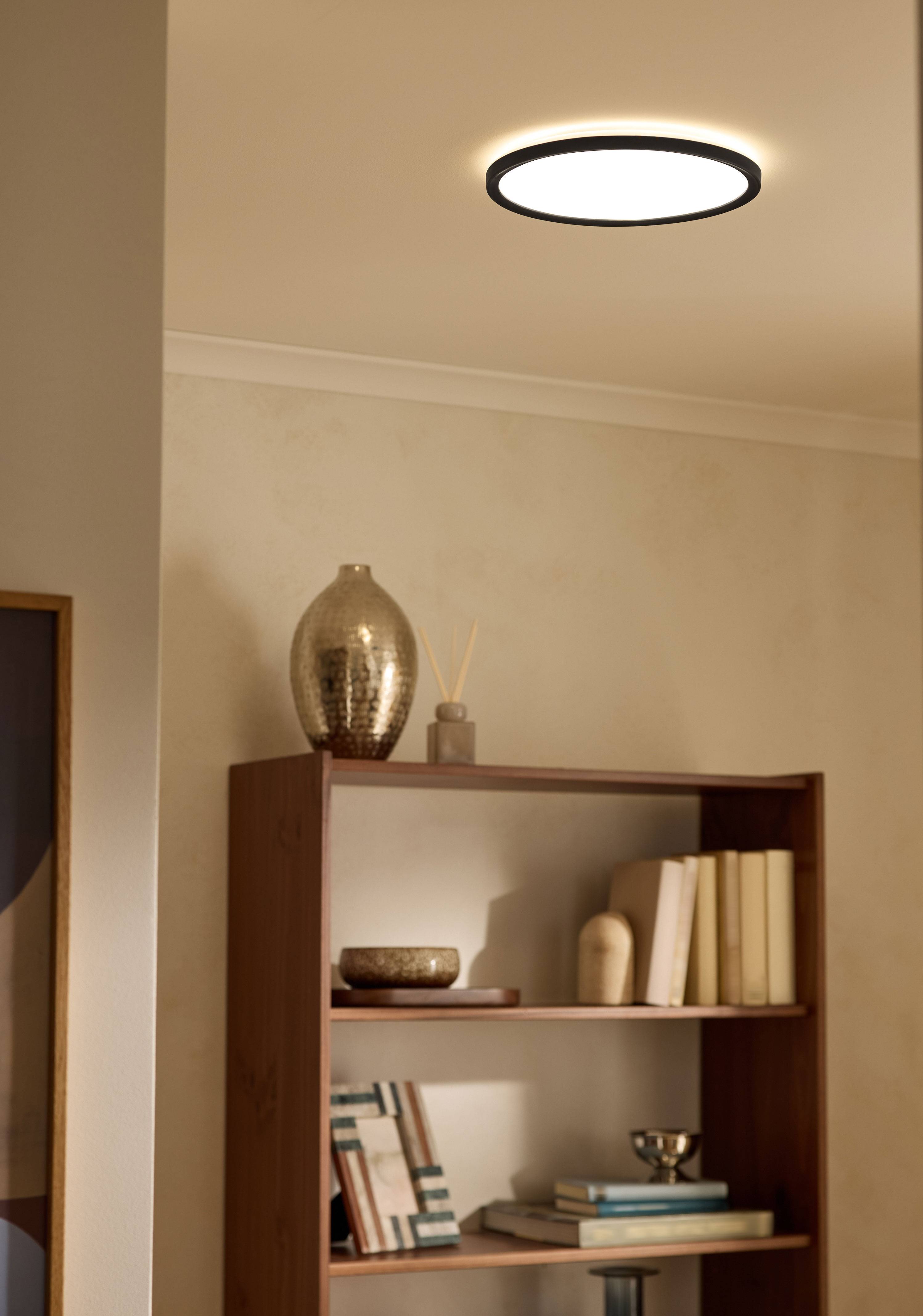 Lampa sufitowa oświetla regał w salonie z książkami i elementami dekoracyjnymi.
