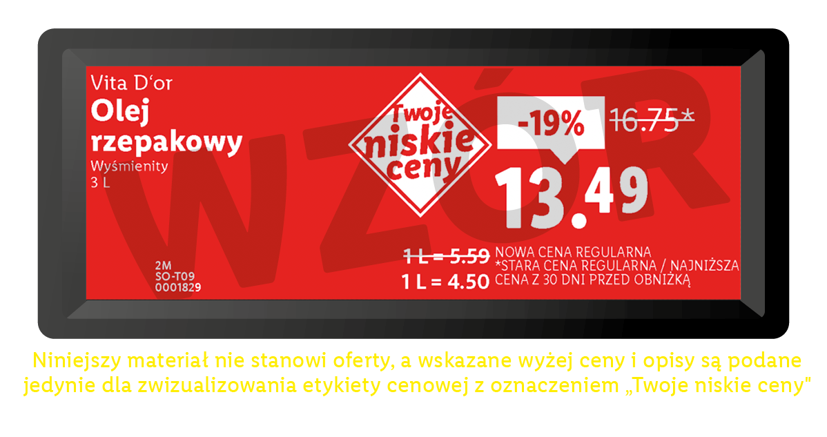 Cena oleju rzepakowego, 3L, z obniżką 19% z 16.75 na 13.49, z oznaczeniem „Twoje niskie ceny”.