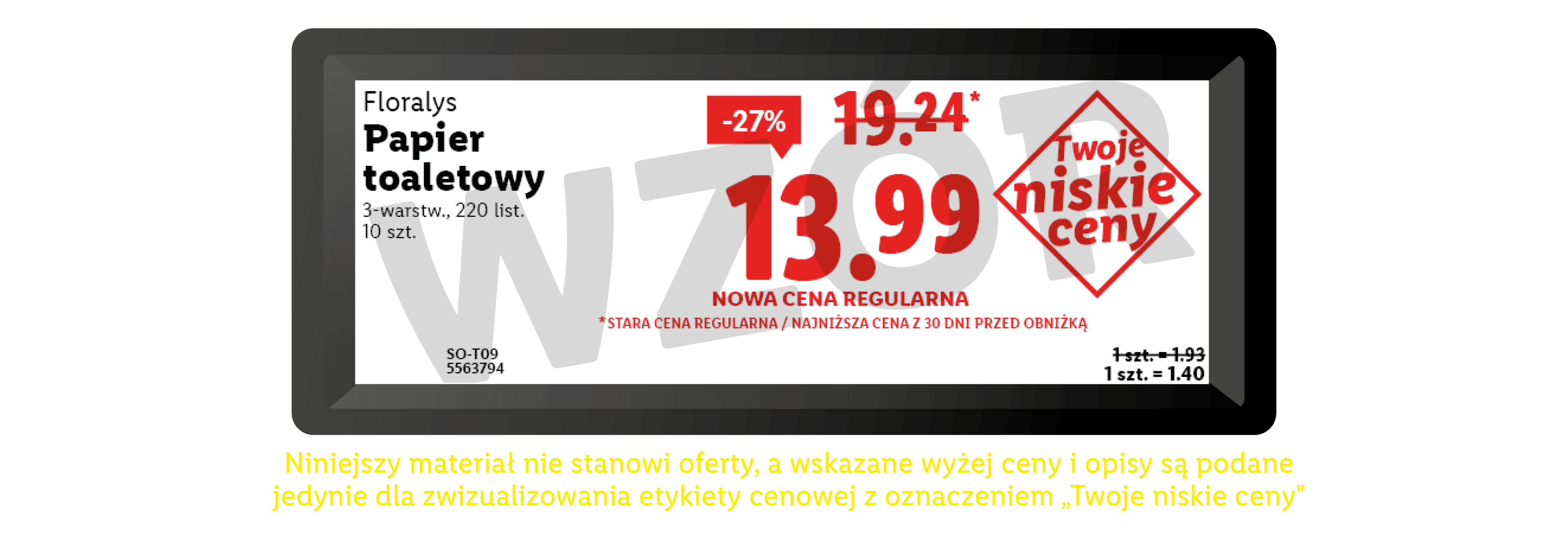 Etykieta cenowa papieru toaletowego z obniżką -27% i ceną 13.99 zł, z hasłem „Twoje niskie ceny”.