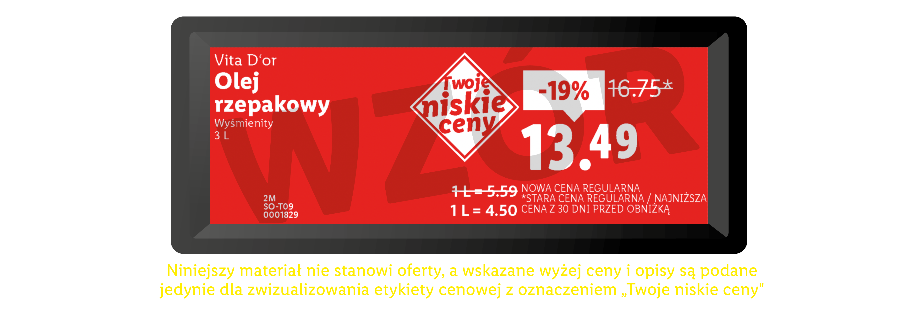 Cena oleju rzepakowego, 3L, z obniżką 19% z 16.75 na 13.49, z oznaczeniem „Twoje niskie ceny”.