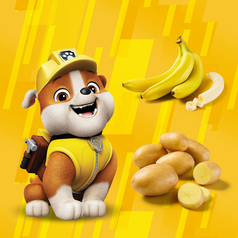 Kreskówkowy szczeniak z bananami i ziemniakami na żółtym tle.