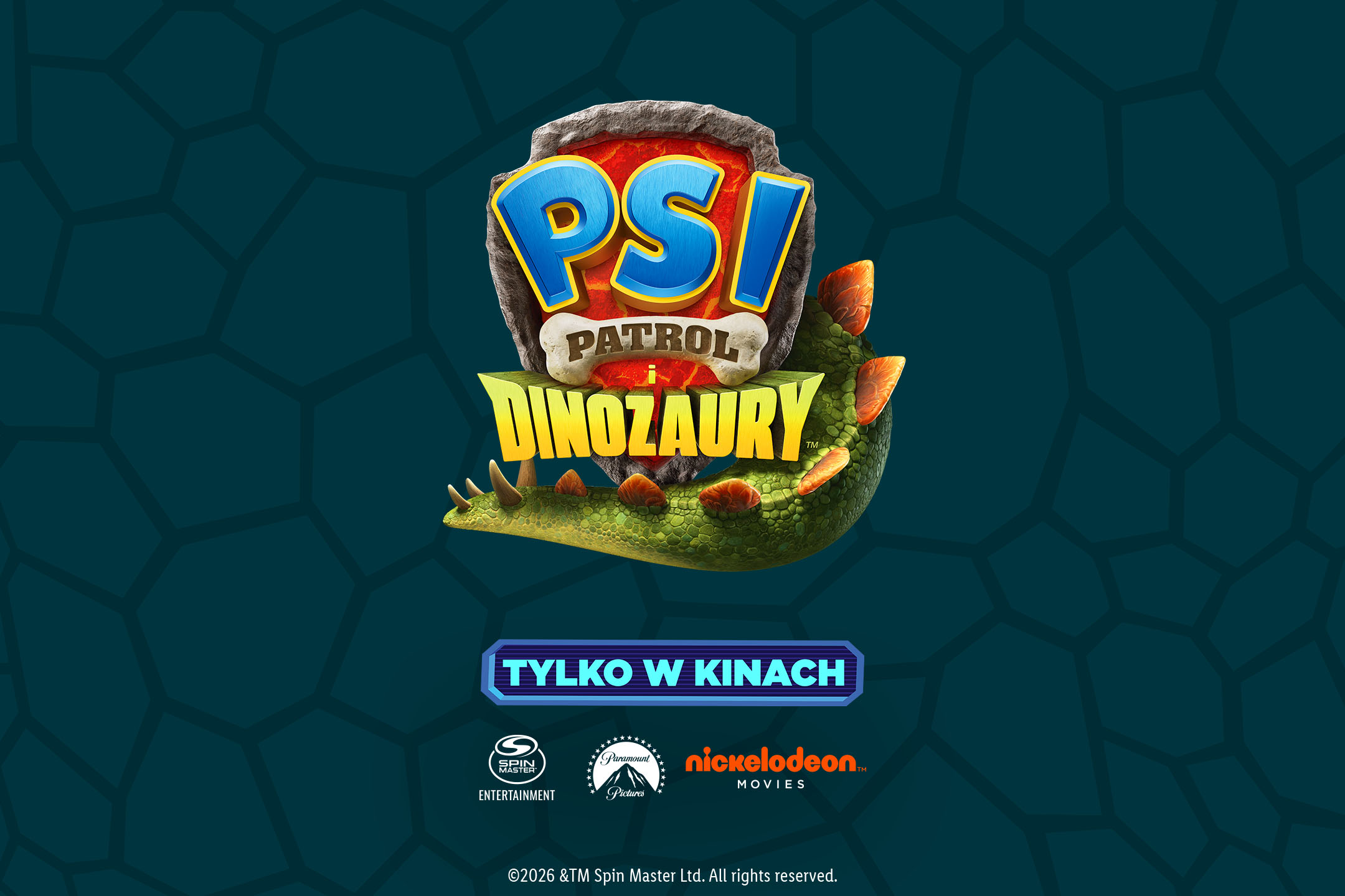 Szczeniaki z Psiego Patrolu i dinozaury w dżungli, z napisem 'TYLKO W KINACH'.