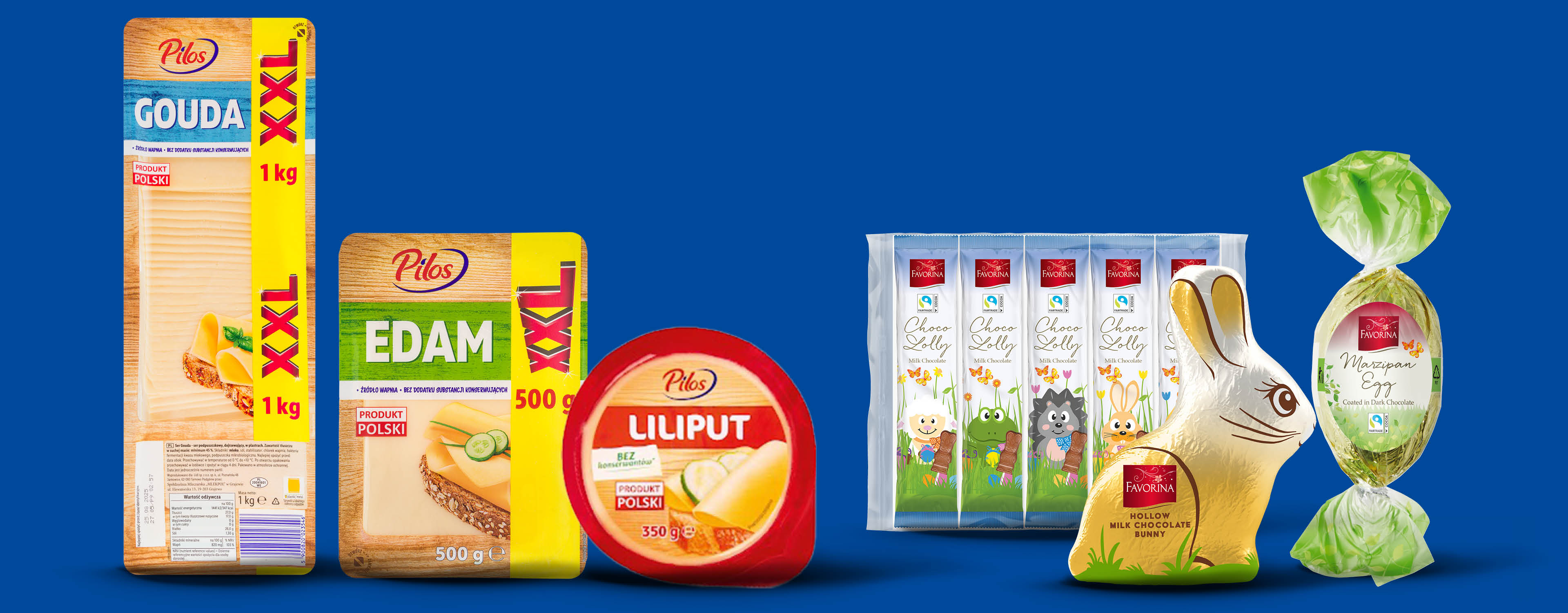 Ser Gouda, Edam i Liliput w opakowaniach XXL oraz czekoladowe zajączki i jajka marcepanowe.
