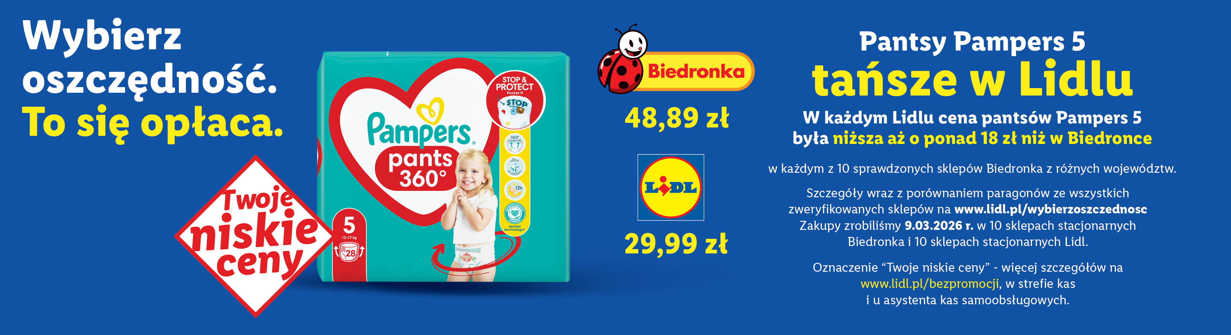 Reklama porównująca ceny pieluchomajtek w dwóch sklepach, podkreślająca oszczędności.