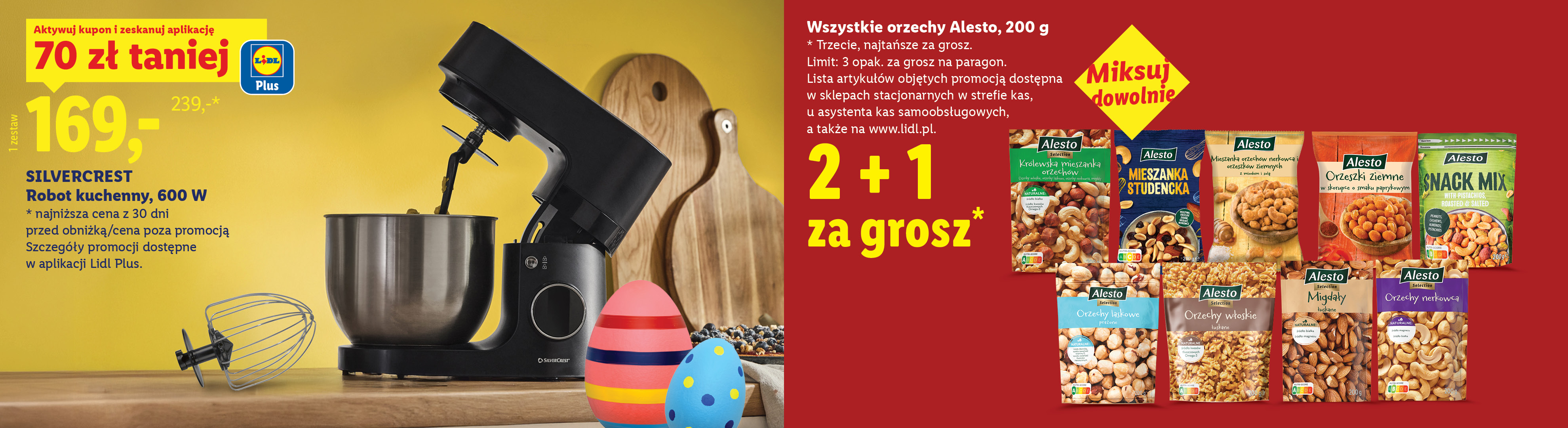Silvercrest Robot kuchenny 70 zł taniej z kuponem Lidl Plus, 169 zł. Wszystkie orzechy Alesto, 200 g 2+1 za grosz.