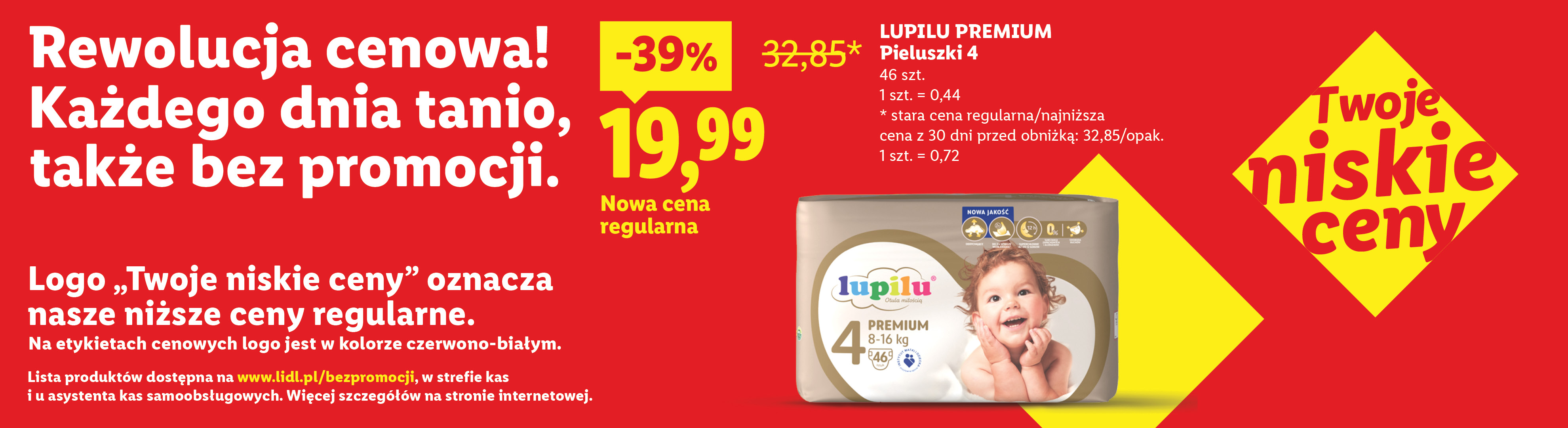 Reklama pieluszek z hasłem „Rewolucja cenowa! Każdego dnia tanio, także bez promocji” i ceną 19,99 zł.