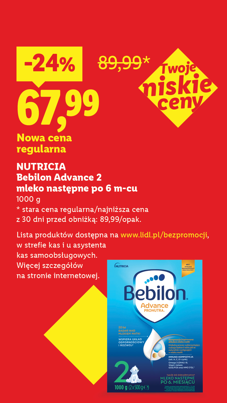 Promocja na mleko następne dla niemowląt, obniżka o 24% z 89,99 zł na 67,99 zł.