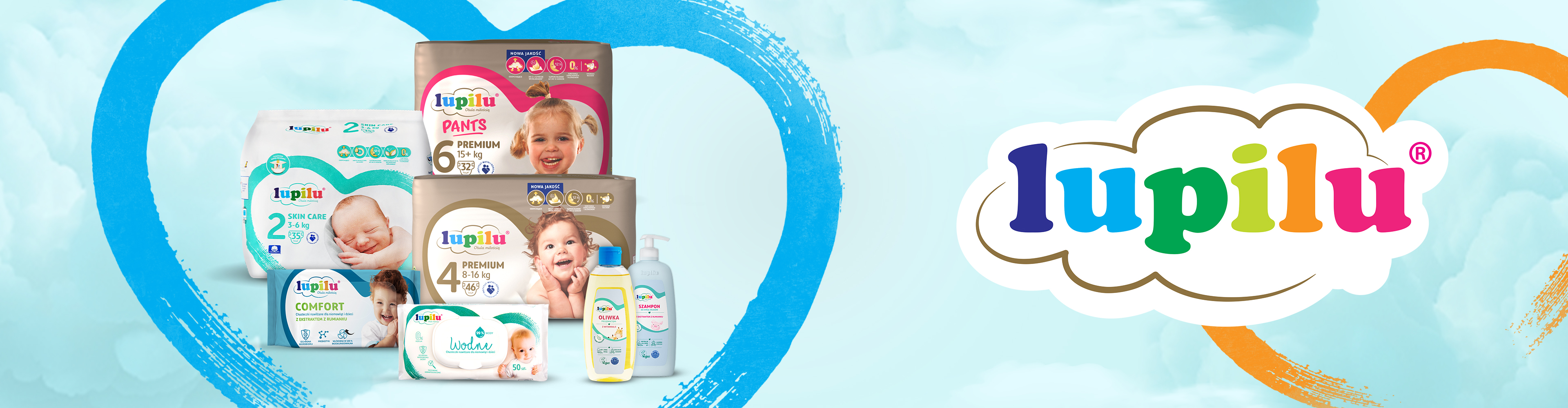 Produkty Lupilu: pieluchy, chusteczki nawilżane, oliwka i szampon dla dzieci.