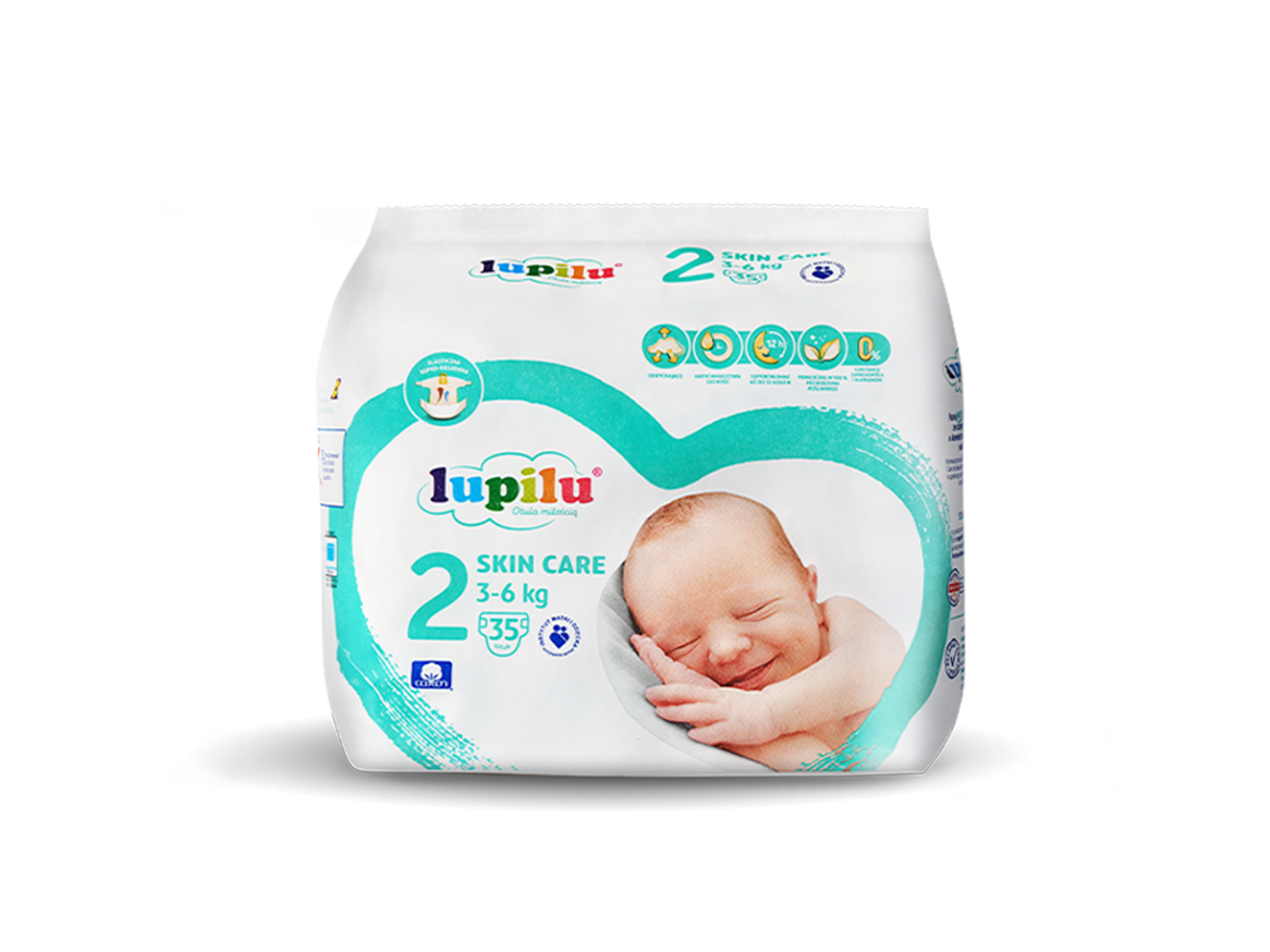 Pieluchy Lupilu Skin Care rozmiar 2 (3-6 kg) z wizerunkiem uśmiechniętego dziecka.