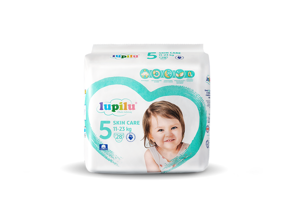 Opakowanie pieluszek Lupilu Skin Care rozmiar 5 (11-23 kg) z wizerunkiem uśmiechniętego dziecka.