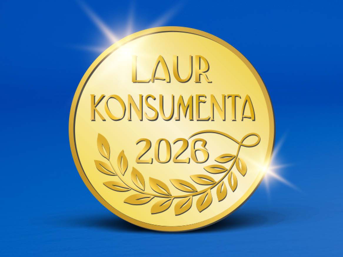 Złoty medal z napisem 'LAUR KONSUMENTA 2026' i wieńcem laurowym na niebieskim tle.