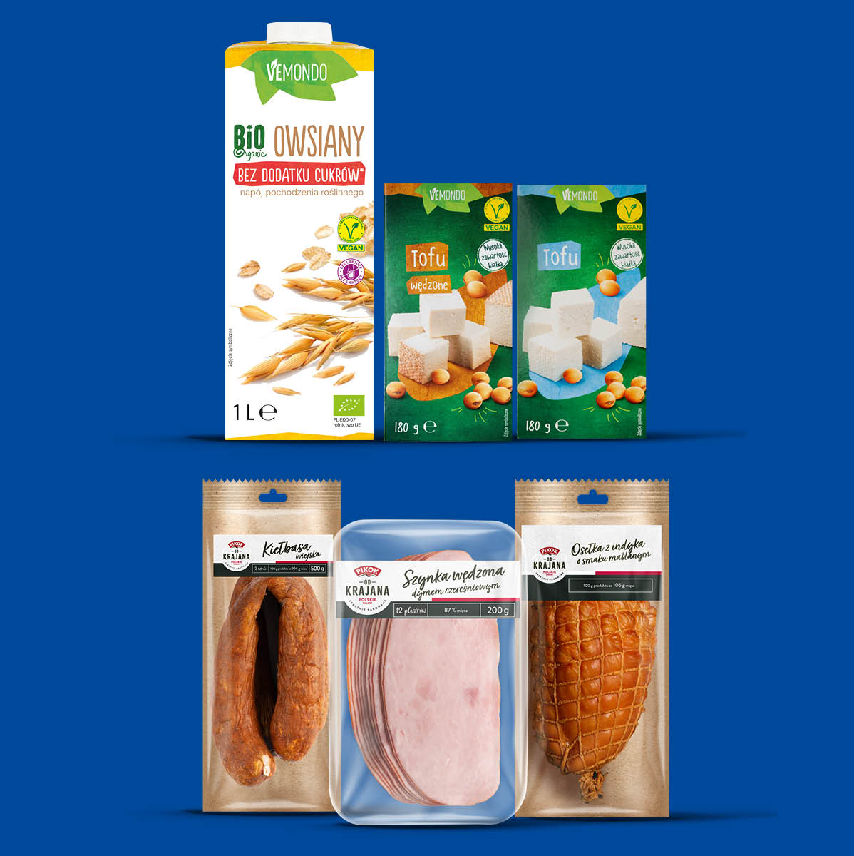 Roślinne napoje owsiane i tofu oraz wędliny, w tym kiełbasa, szynka i osełka z indyka.