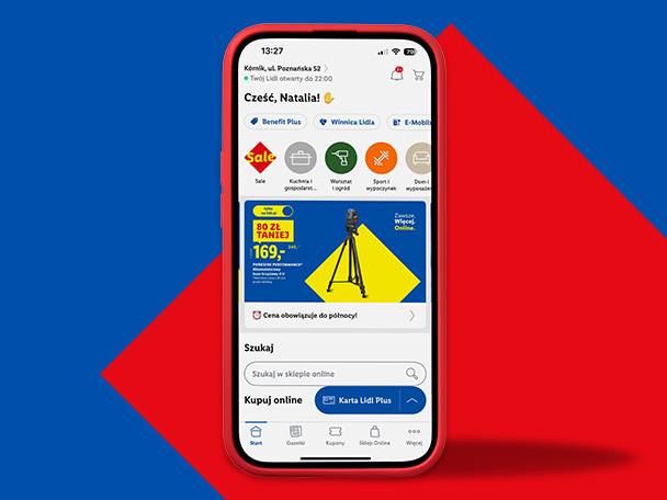 Aplikacja mobilna Lidl z ofertą statywu fotograficznego i innymi promocjami.