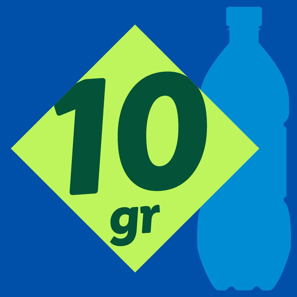 Niebieska butelka z napisem '10 gr' na zielonym tle