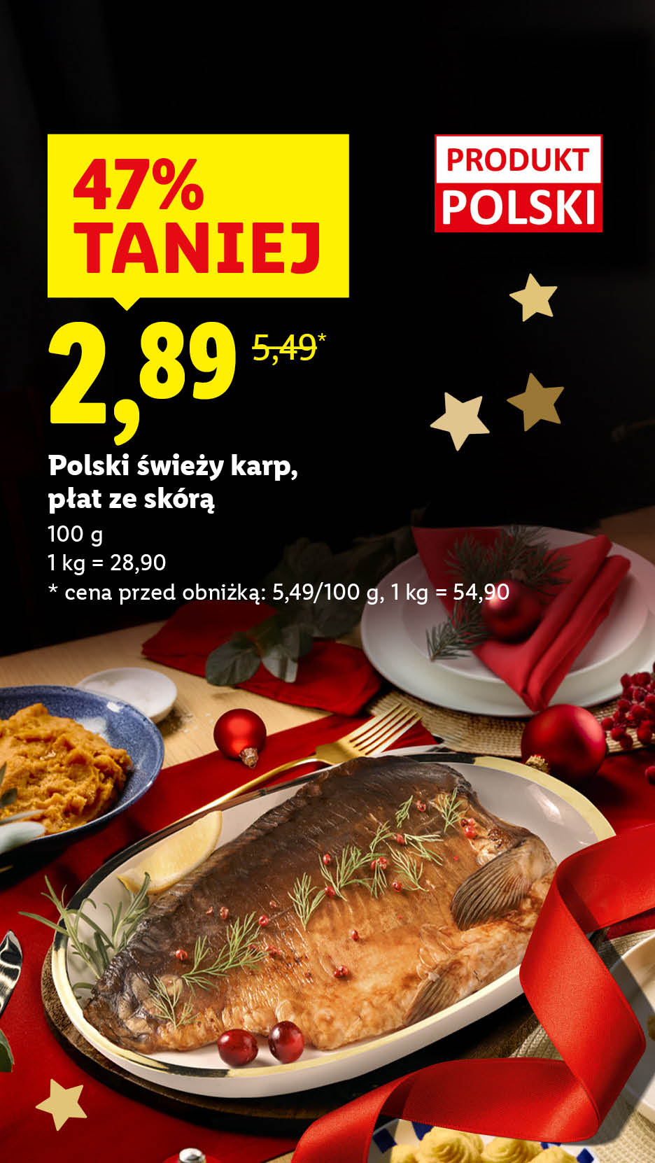 Świąteczna oferta na polskiego świeżego karpia ze skórą, 47% taniej.