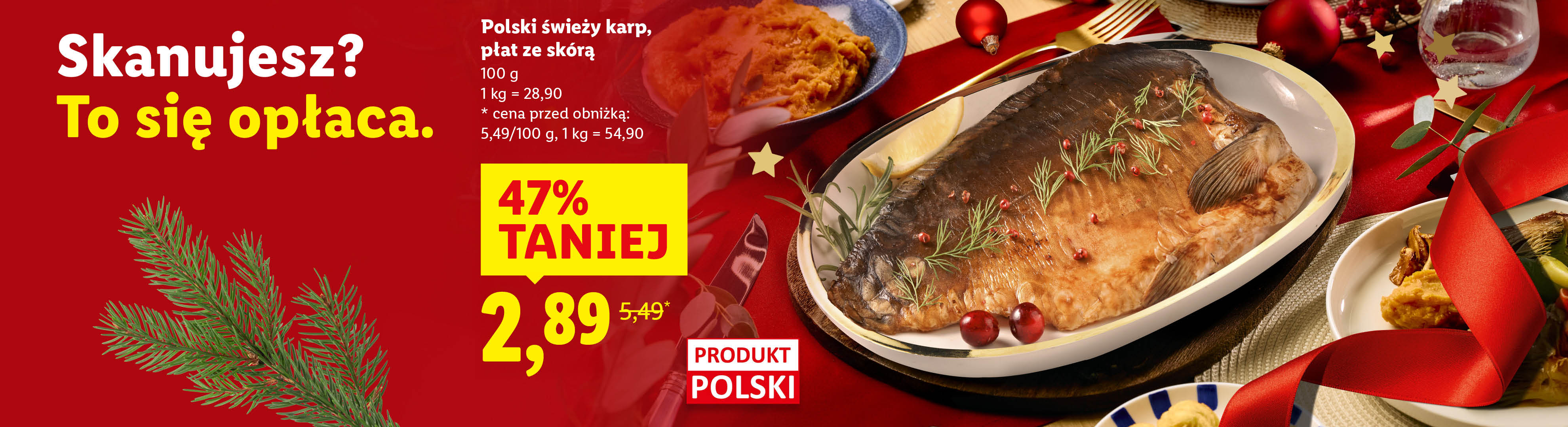 Świąteczny stół z pieczonym karpiem, obniżka 47% na polski świeży karp.