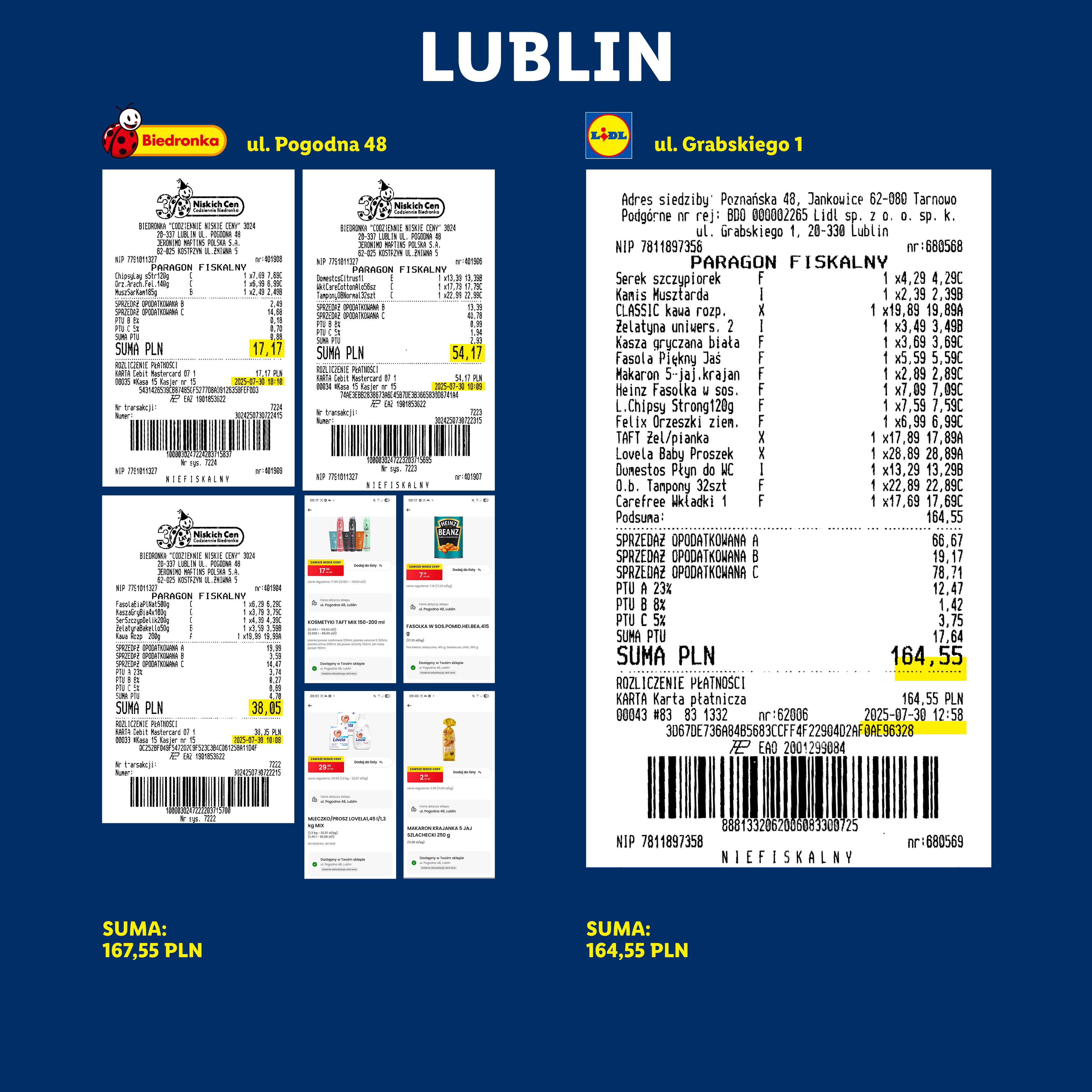 Trzy paragony fiskalne z Biedronki i jeden z Lidla, prezentujące różne produkty spożywcze i chemiczne.