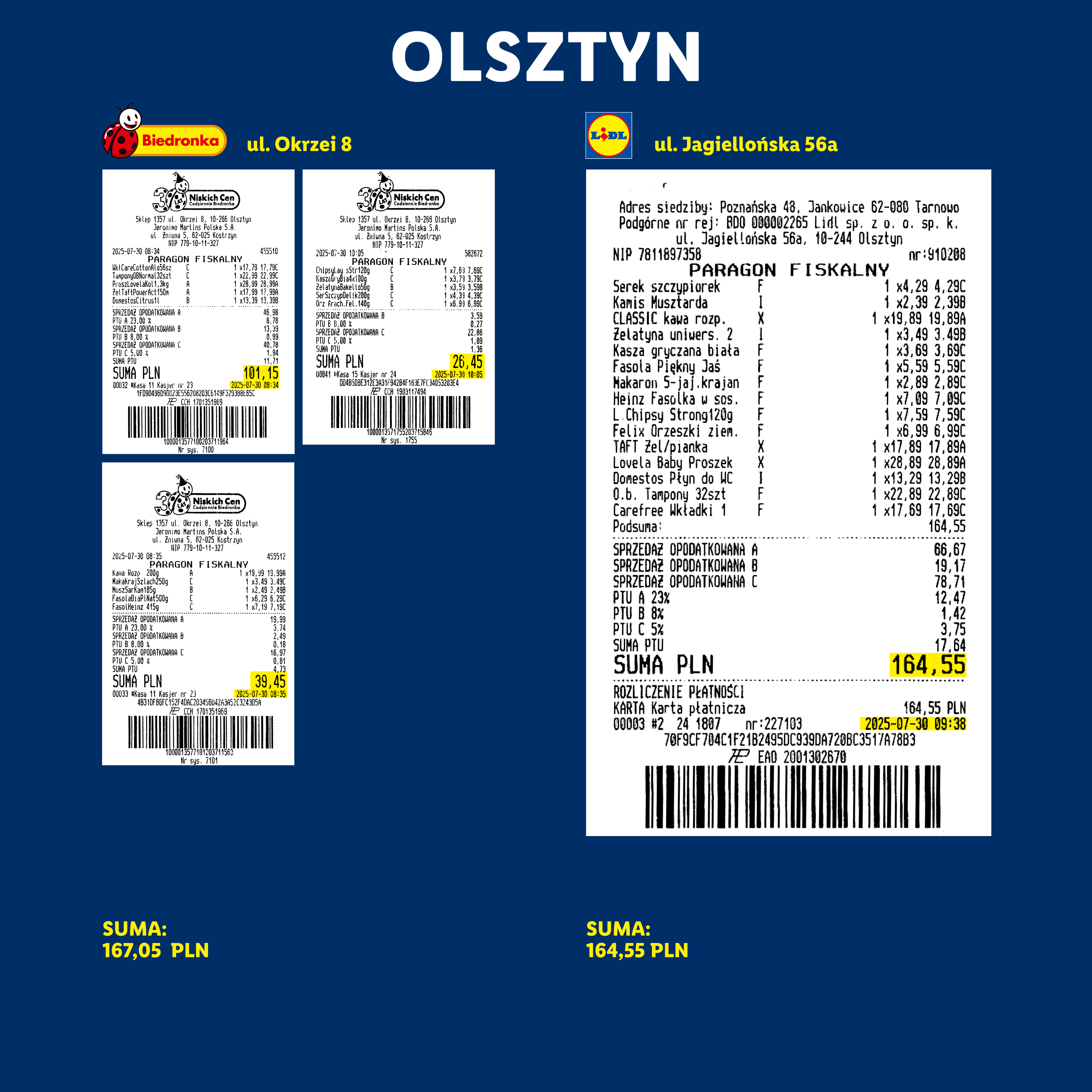 Paragony fiskalne z Biedronki i Lidla, przedstawiające zakupy spożywcze i chemiczne.