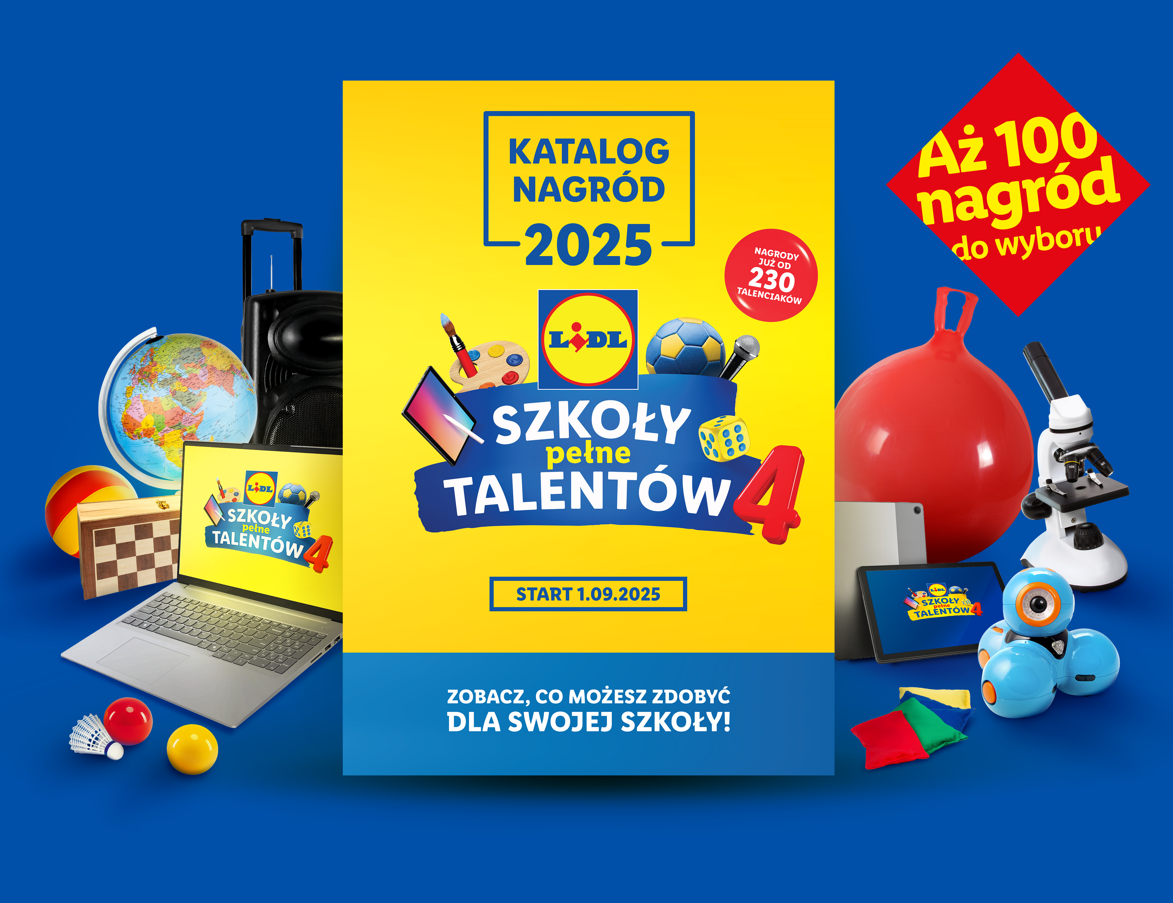 Plakat reklamowy Lidl 'Szkoły Pełne Talentów' z katalogiem nagród 2025 i różnymi przedmiotami.