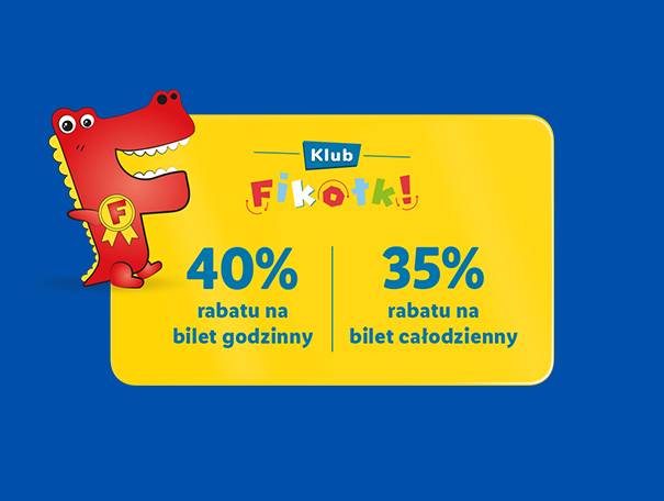 Klub Fikołki 40% rabatu na bilet godzinny lub 35% na całodzienny.