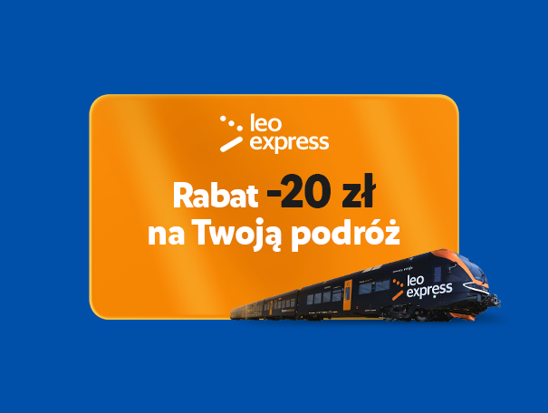 Pomarańczowa karta rabatowa z napisem „Rabat -20 zł na Twoją podróż” i pociągiem.