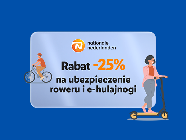 Rabat 25% na ubezpieczenie roweru i e-hulajnogi, z ilustracjami rowerzysty i osoby na hulajnodze.