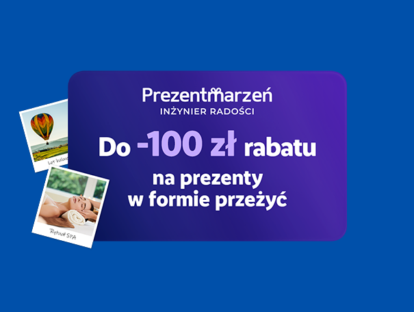 Fioletowa grafika z napisem „Do -100 zł rabatu na prezenty w formie przeżyć” i zdjęciami balonu oraz SPA.