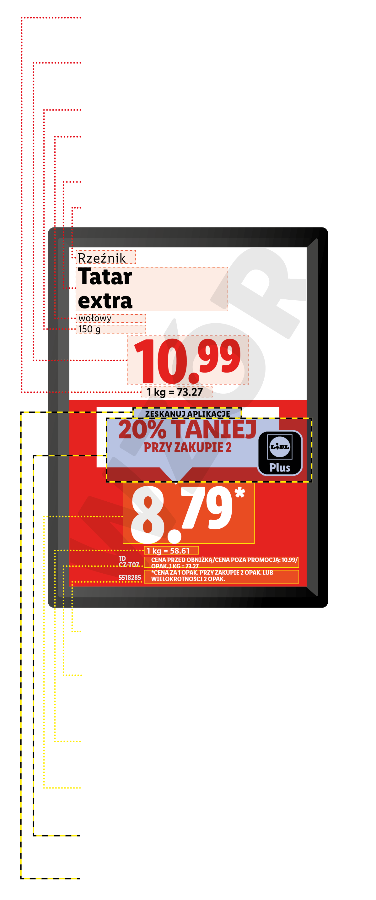 Etykieta cenowa z wołowiną Tatar extra, ceną regularną 10,99 i promocyjną 8,79 z aplikacją.