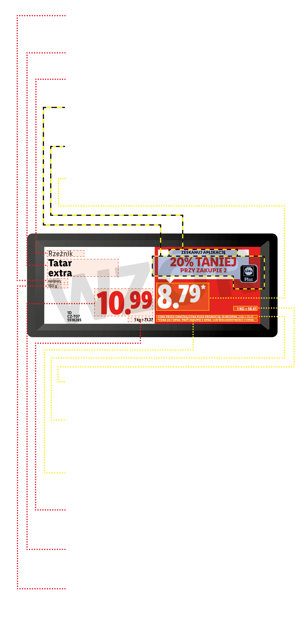 Etykieta cenowa tatara wołowego z promocją 20% taniej przy zakupie dwóch opakowań z aplikacją.